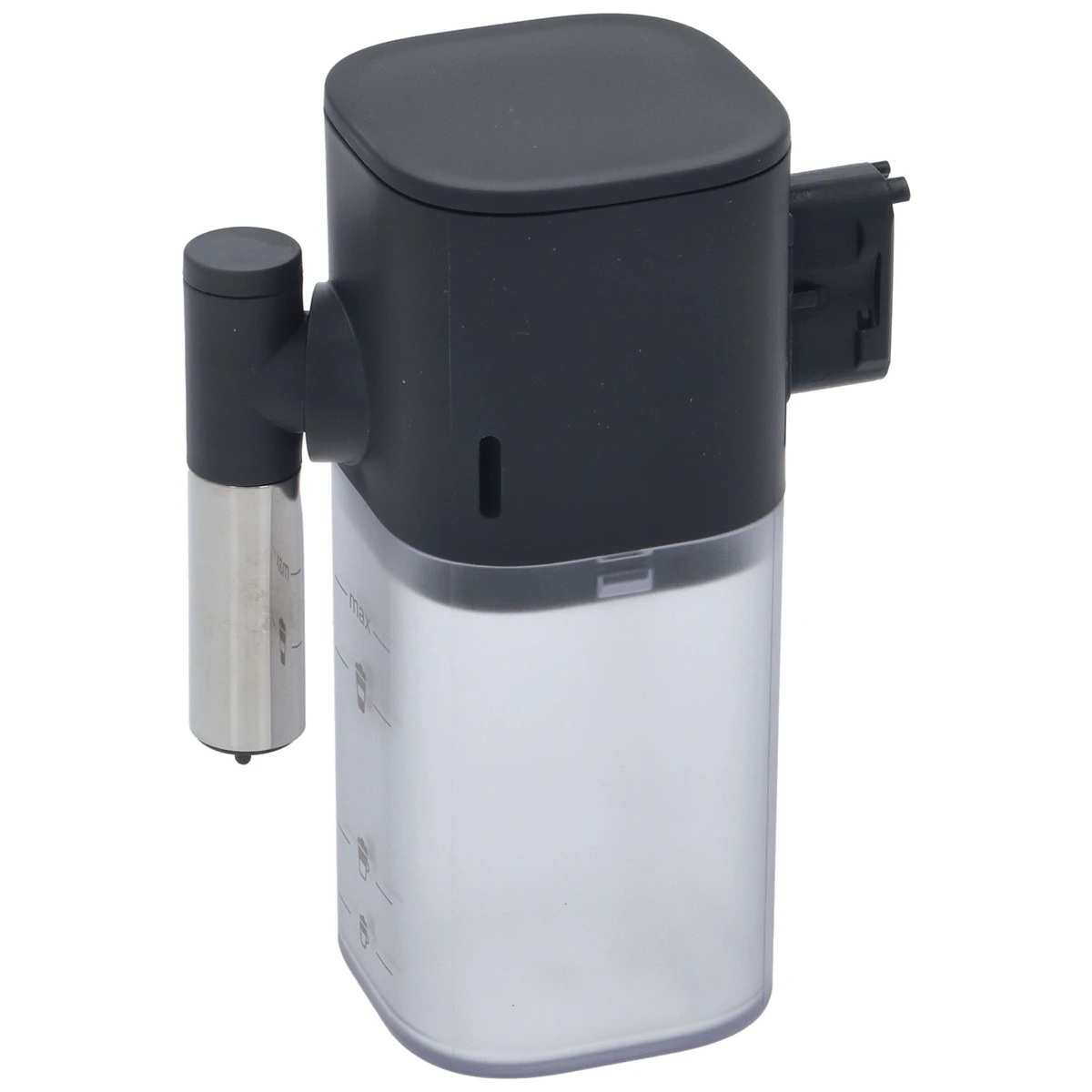 DeLonghi mælkekande med sort låg og transparent beholder set forfra