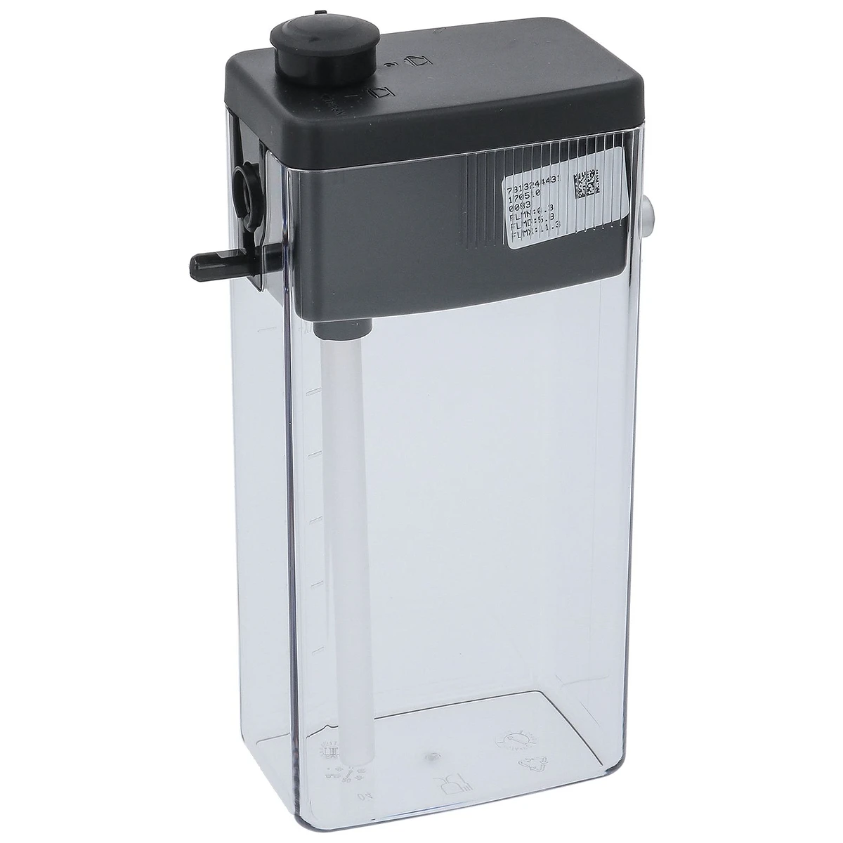Transparent DeLonghi mælkekande DLSC005 med sort låg set forfra