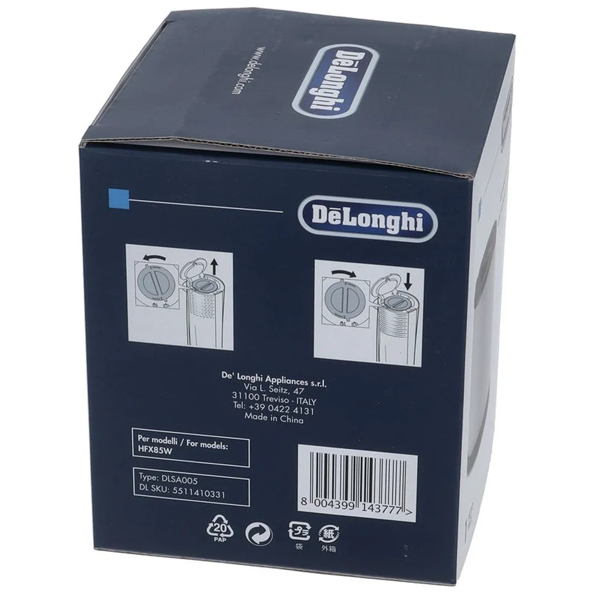 DeLonghi luftrensningsfilter DLSA005 set fra enden