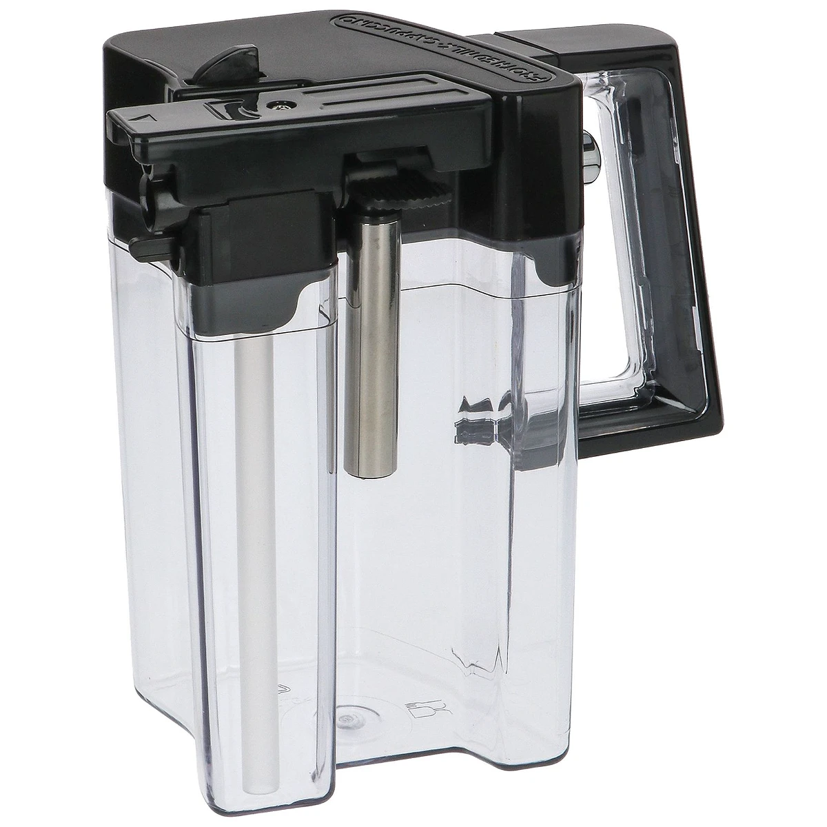 Transparent DeLonghi mælkekande DLSC024 med sort låg og håndtag set forfra