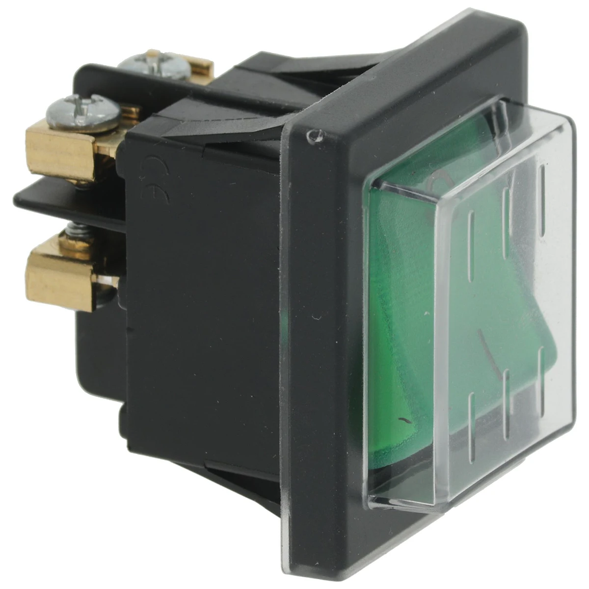 Bipolar afbryder med grøn vippe og messingterminaler 16 A 250 V set forfra