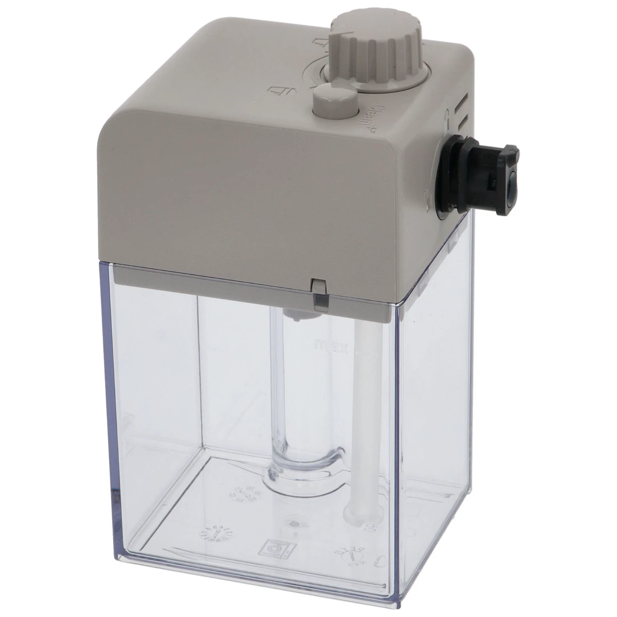 DeLonghi mælkebeholder med beige låg og transparent beholder set forfra