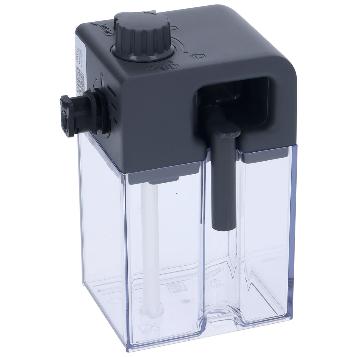 DeLonghi mælkebeholder med mørkegråt låg og transparent beholder set forfra