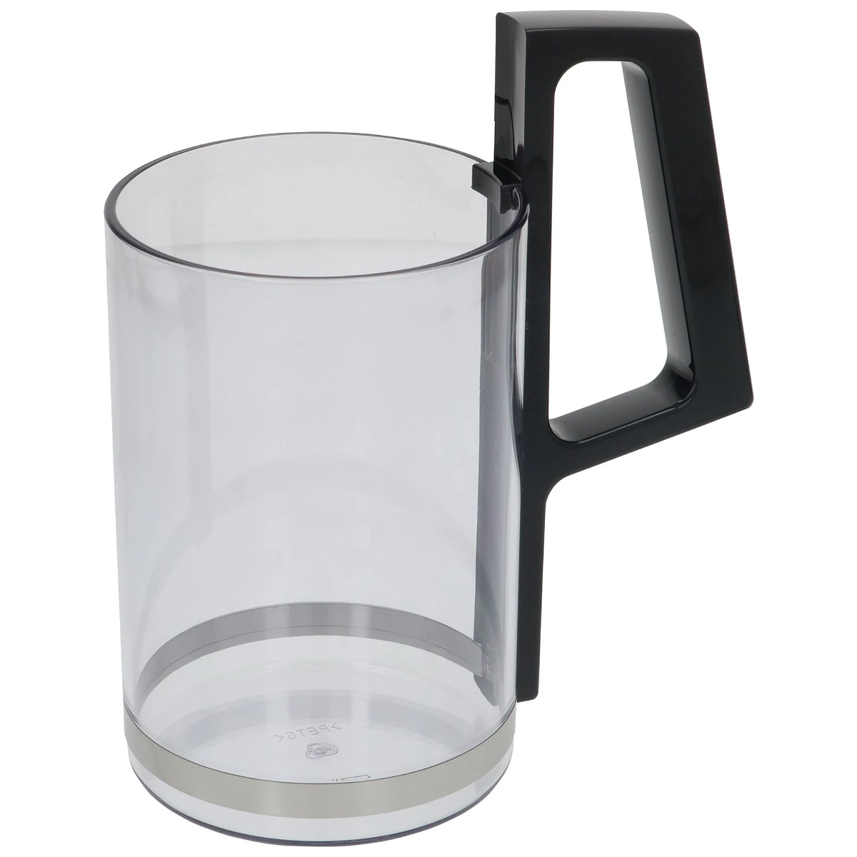 Transparent DeLonghi mælkekande med sort håndtag og rustfri bund set forfra