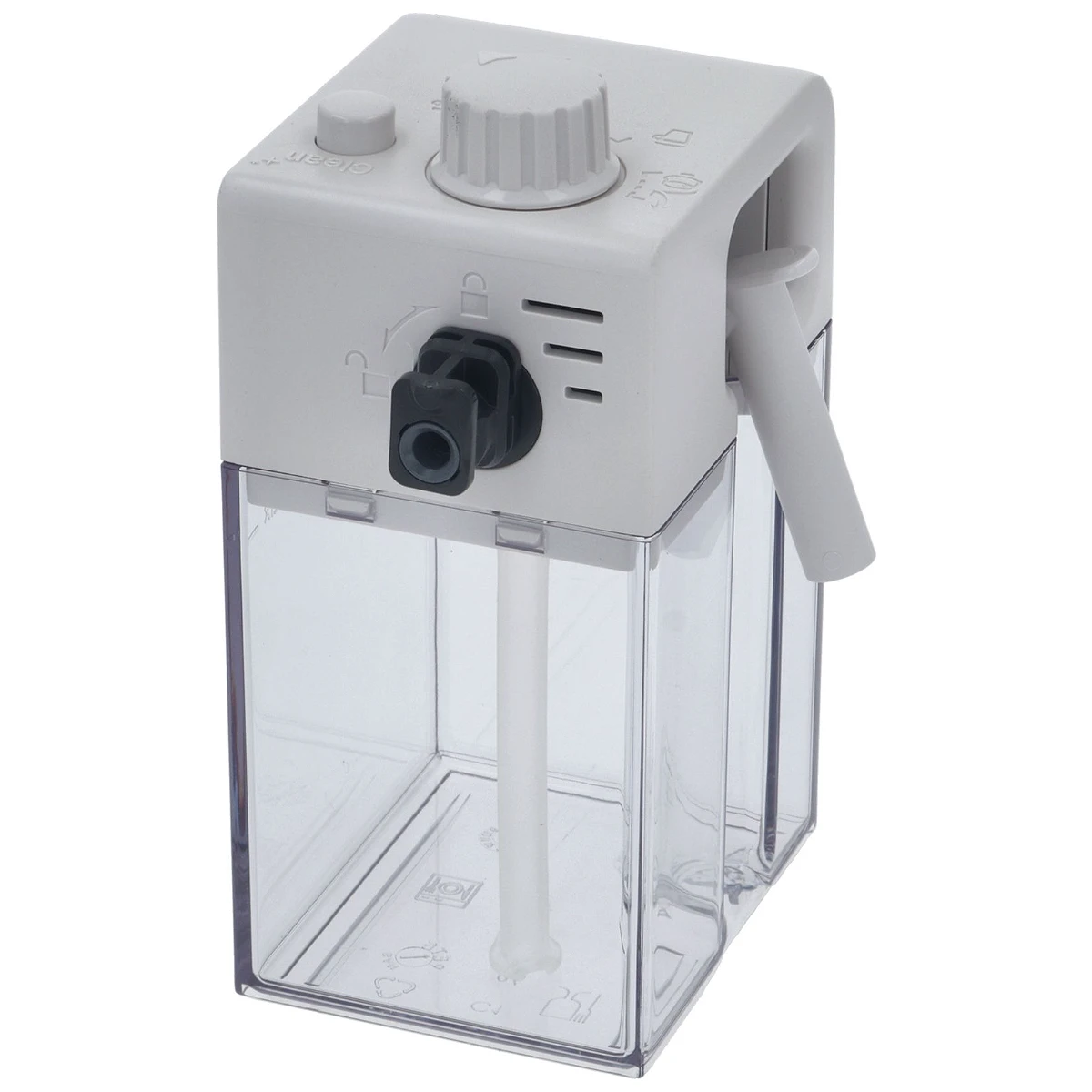 DeLonghi mælkebeholder med sølvfarvet låg og transparent beholder set forfra