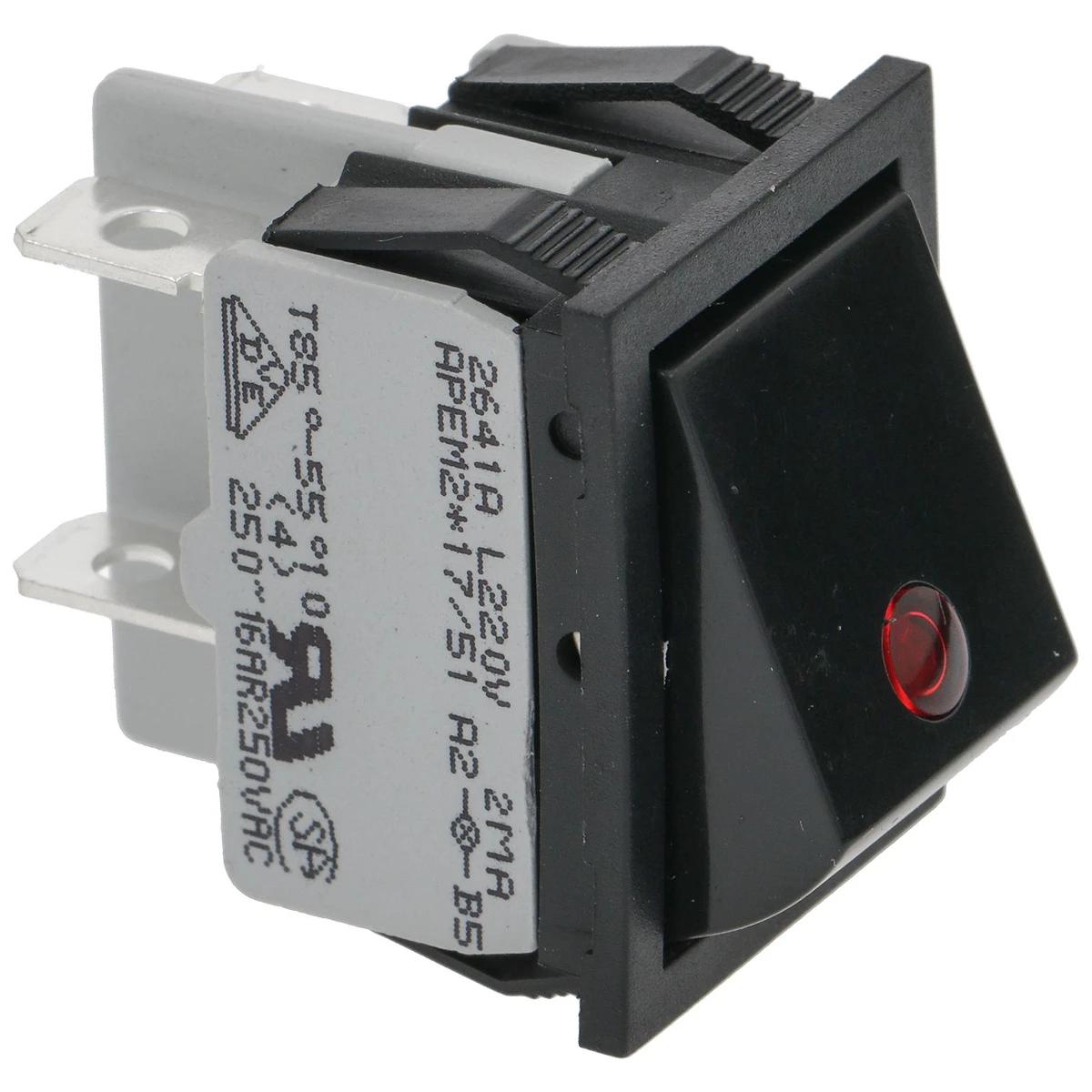 2-polet vippekontakt sort 12A 250V indbygningshul 22x30 mm set forfra