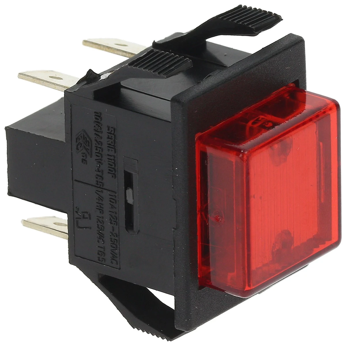2-polet vippekontakt rød 10A 250V med kontrollampe, indbygningshul 22x27 mm set forfra