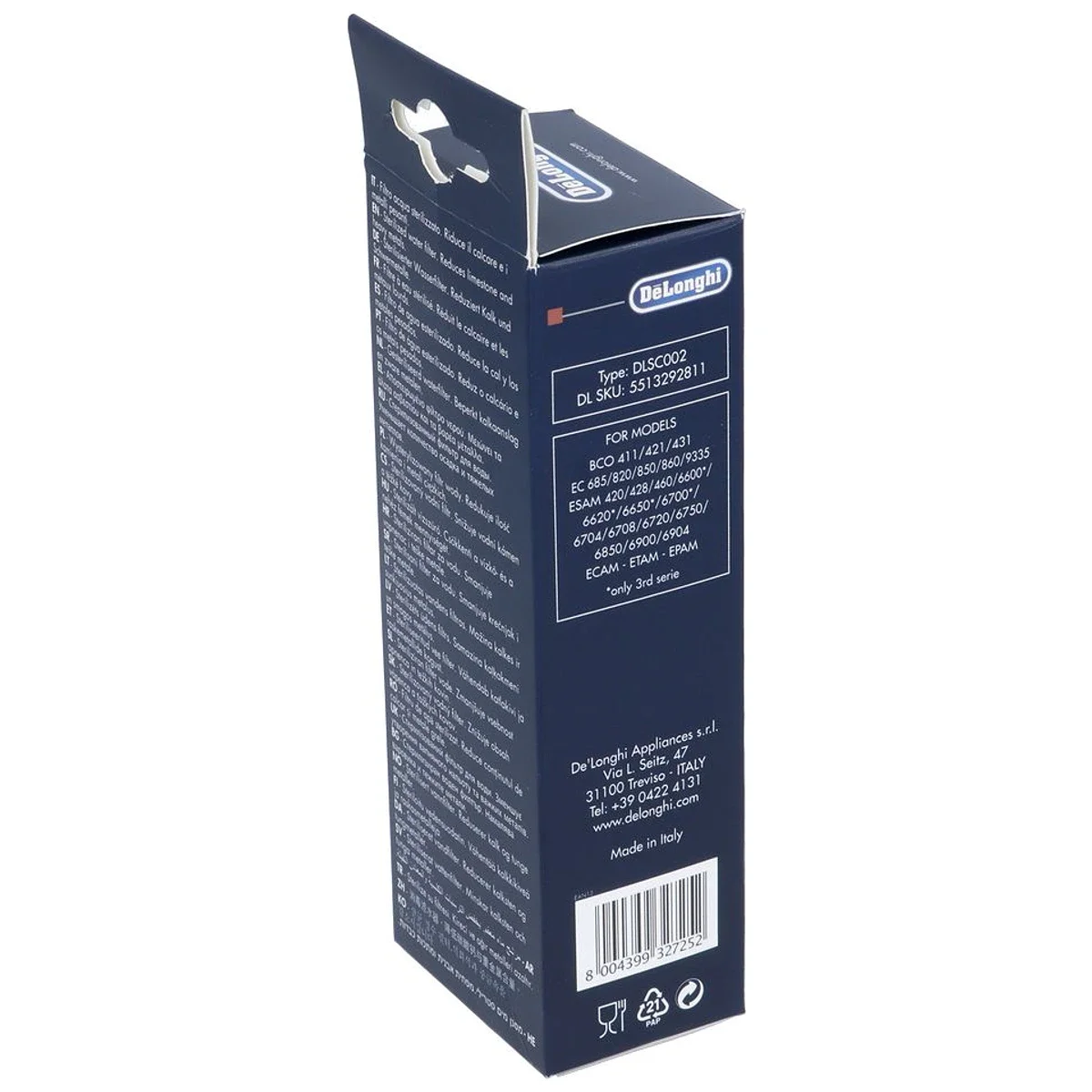 DeLonghi Vandfilter DLSC002 til Espressomaskiner – Original set bagfra