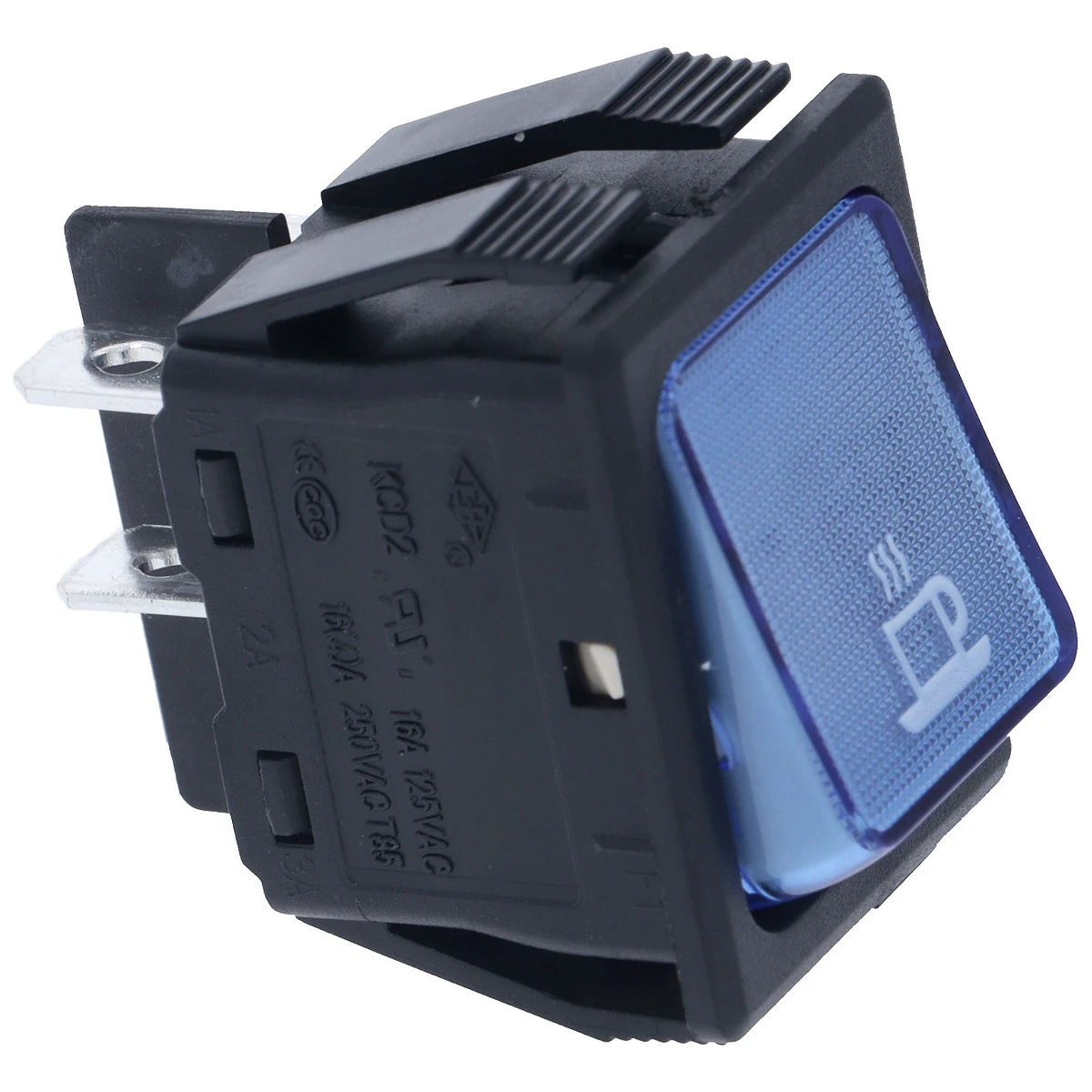 2-polet vippekontakt blå 16A 250V med kontrollampe, mærket kaffekop, hul 22x30 mm set forfra