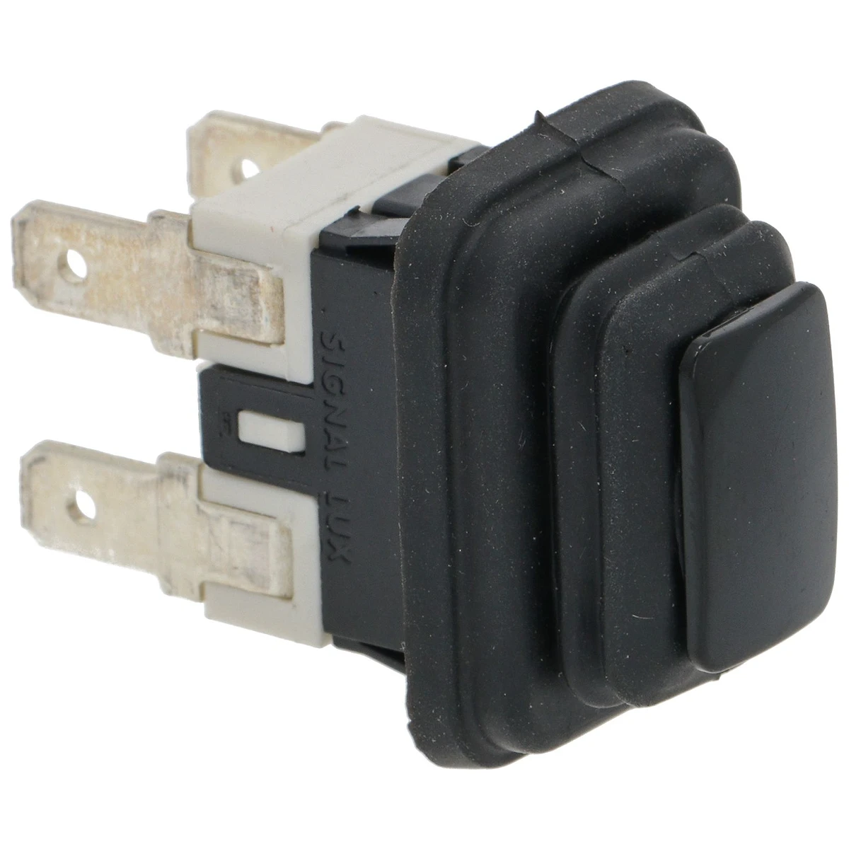 2-polet trykknap sort 16A 250V med beskyttelseshætte, indbygningshul 13x20 mm set forfra