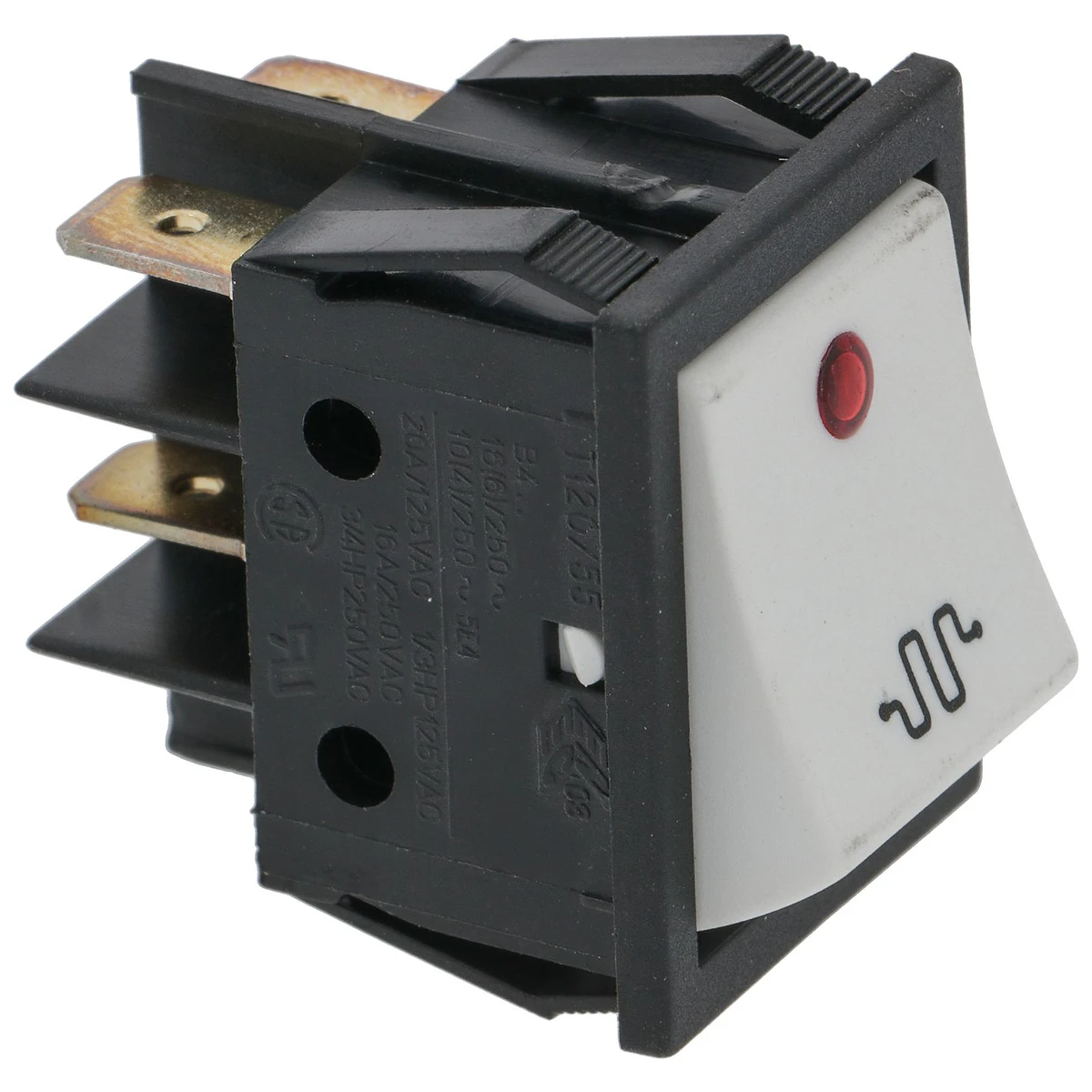 2-polet vippekontakt hvid 16A 250V med kontrollampe, mærket varmelegeme, hul 22x30 mm set forfra