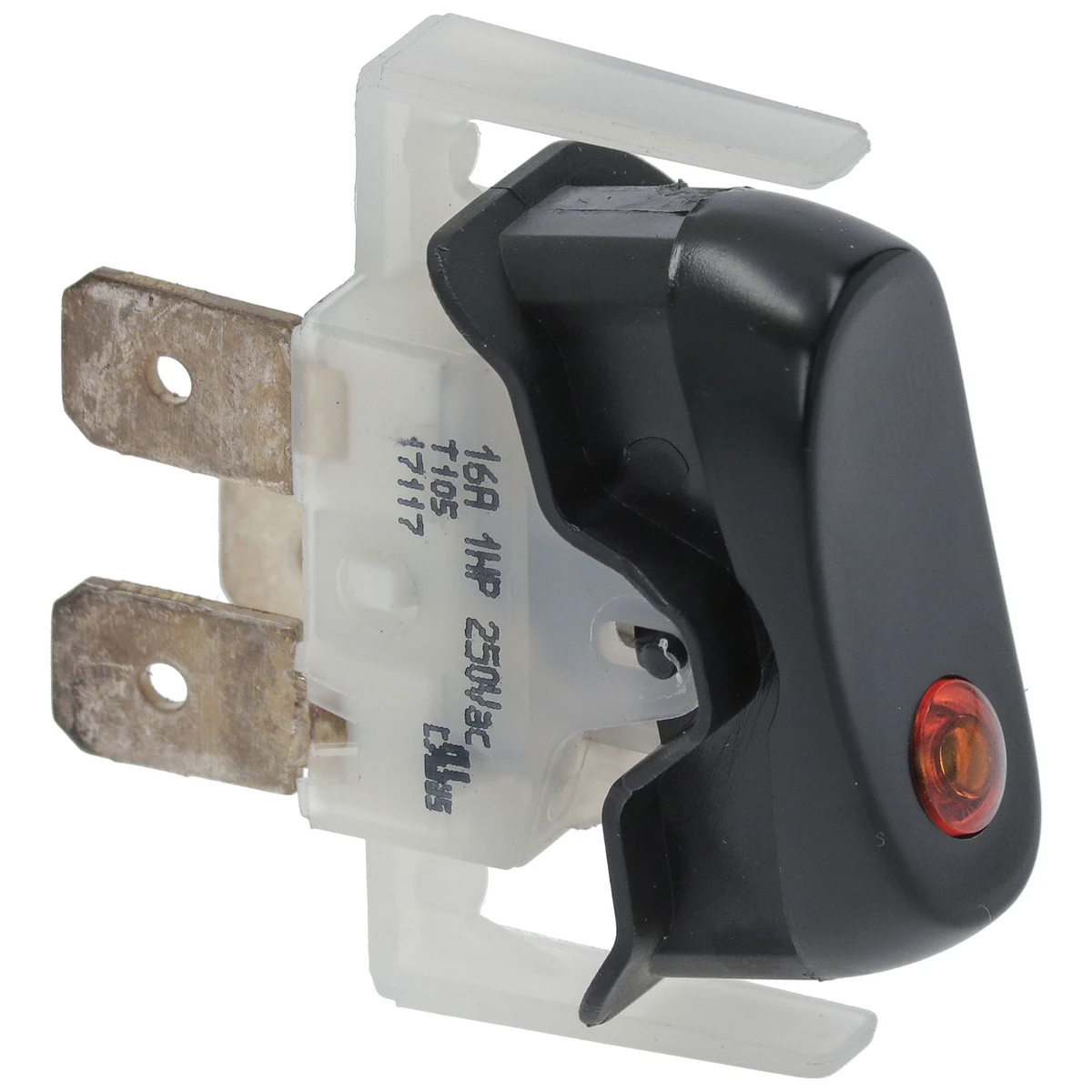 2-polet vippekontakt med greb sort 16A 250V med orange LED-lampe set forfra