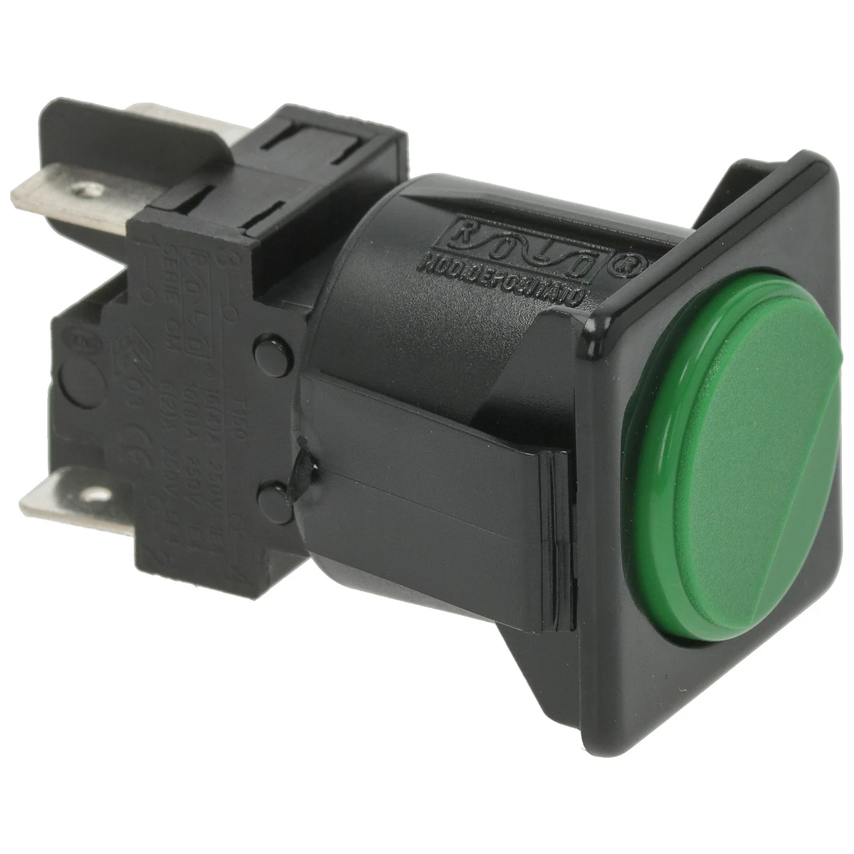 2-polet vippekontakt grøn 16A 250V indbygningshul 28x28 mm set forfra