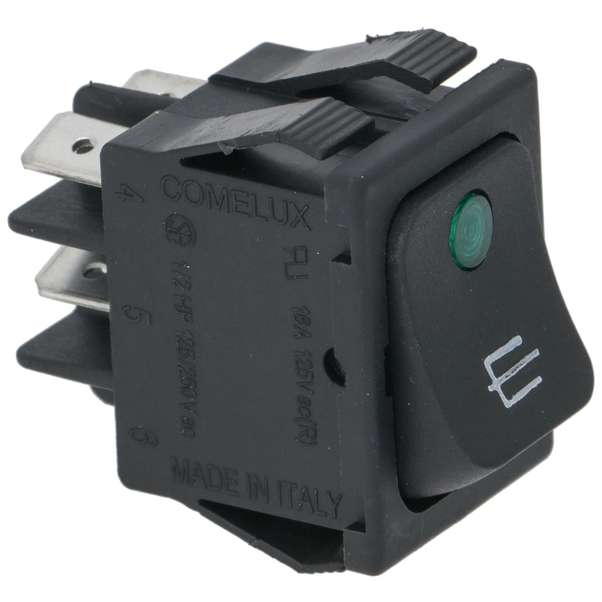 2-polet vippekontakt sort 16A 250V med grøn LED-lampe, mærket gearmotor, hul 22x30 mm set forfra