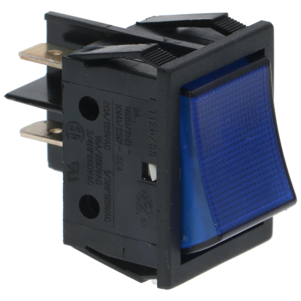 2-polet vippekontakt blå 16A 250V med kontrollampe, indbygningshul 22x30 mm set forfra