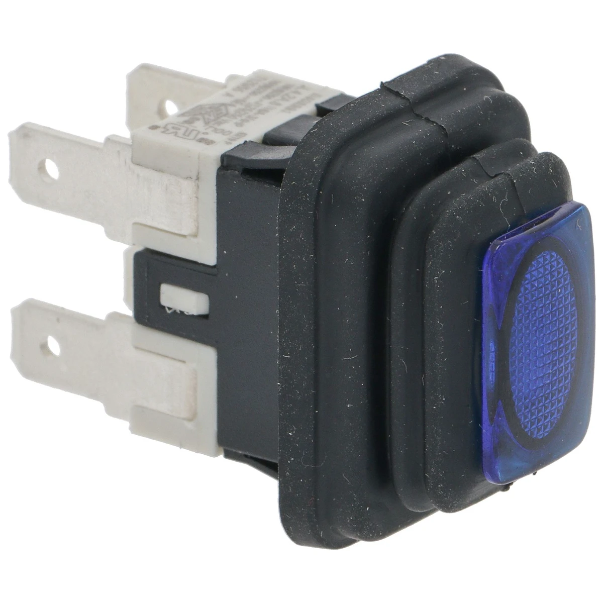 2-polet vippekontakt blå 16A 250V med kontrollampe, indbygningshul 13x20 mm set forfra