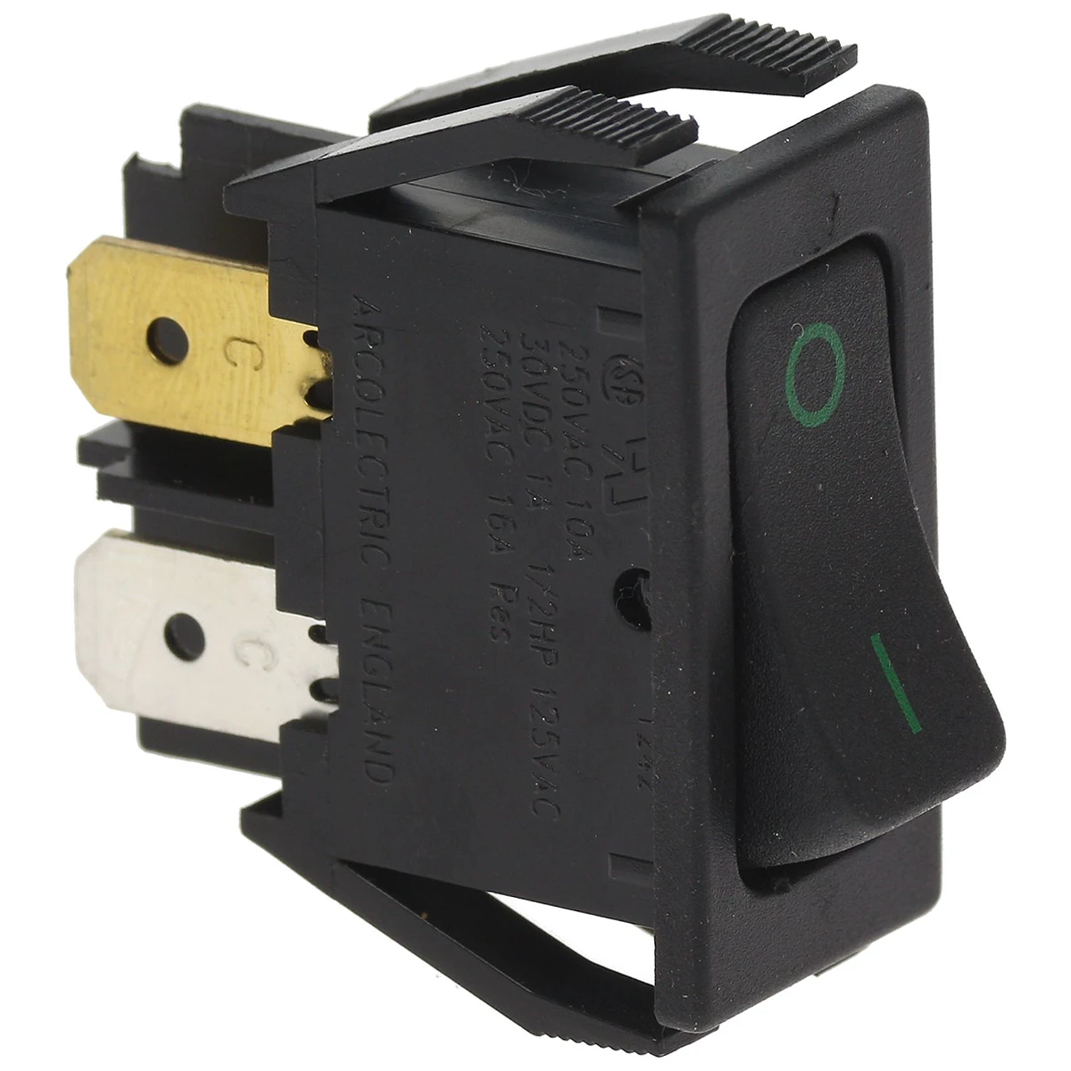 2-polet vippekontakt sort 16A 250V mærket 0-1, indbygningshul 13x27 mm set forfra