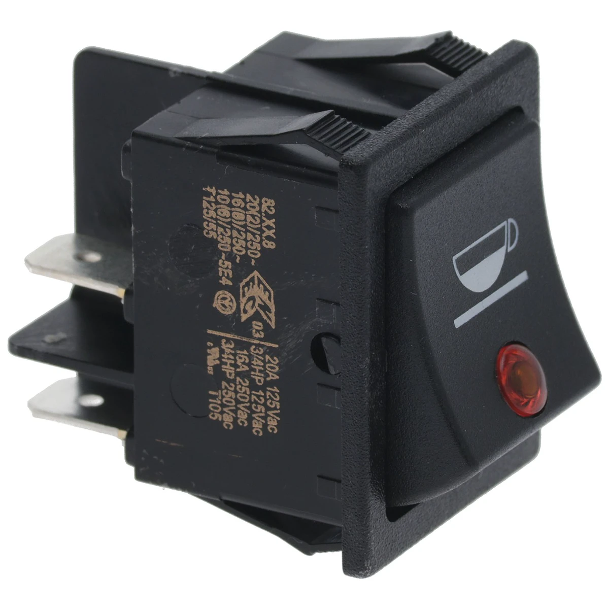 2-polet vippekontakt sort 16A 250V med kontrollampe, mærket kaffekop, hul 22x30 mm set forfra