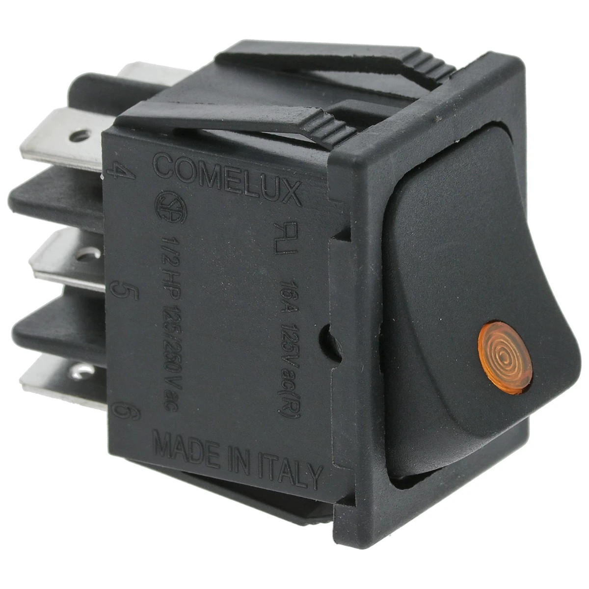 2-polet vippekontakt sort 16A 250V med orange LED-lampe, indbygningshul 22x30 mm set forfra