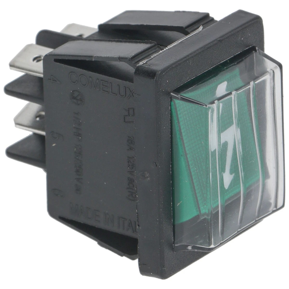 2-polet vippekontakt grøn 16A 250V med kontrollampe, mærket lyn, indbygningshul 22x30 mm set forfra