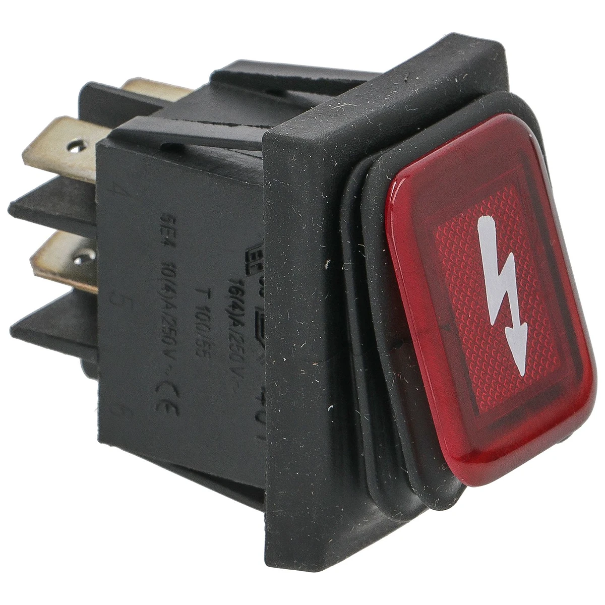 2-polet trykknap rød 16A 250V med kontrollampe, mærket lyn, indbygningshul 22x30 mm set forfra