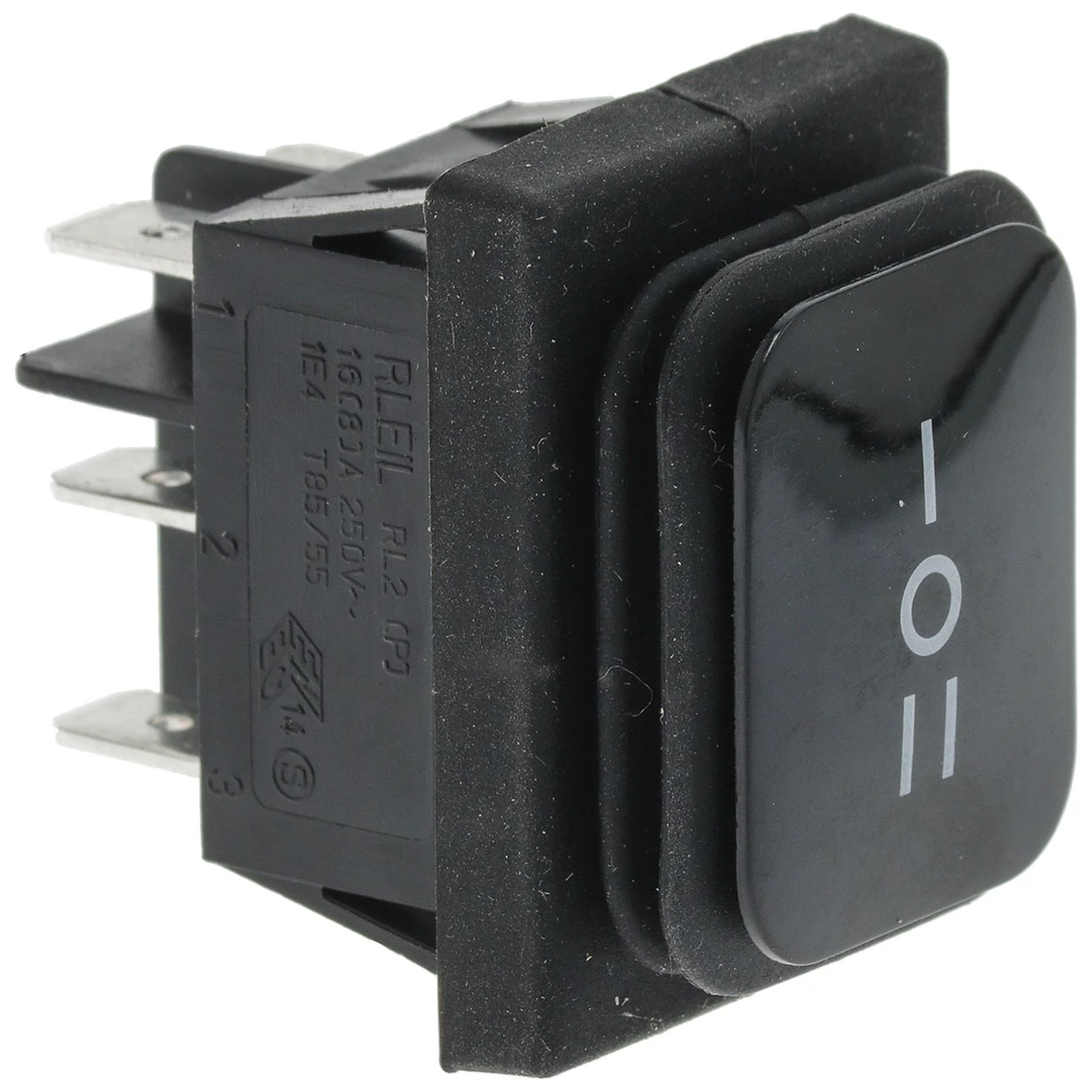 2-polet vælgerkontakt sort 16A 250V momentfunktion, mærket I - O - II, hul 22x30 mm set forfra