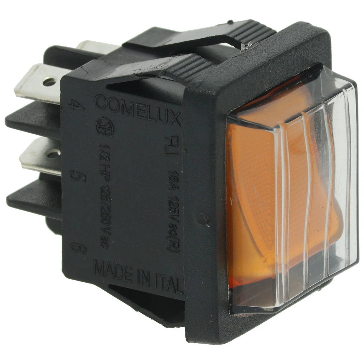 2-polet vippekontakt orange 16A 250V med kontrollampe, med beskyttelseshætte, hul 22x30 mm set forfra