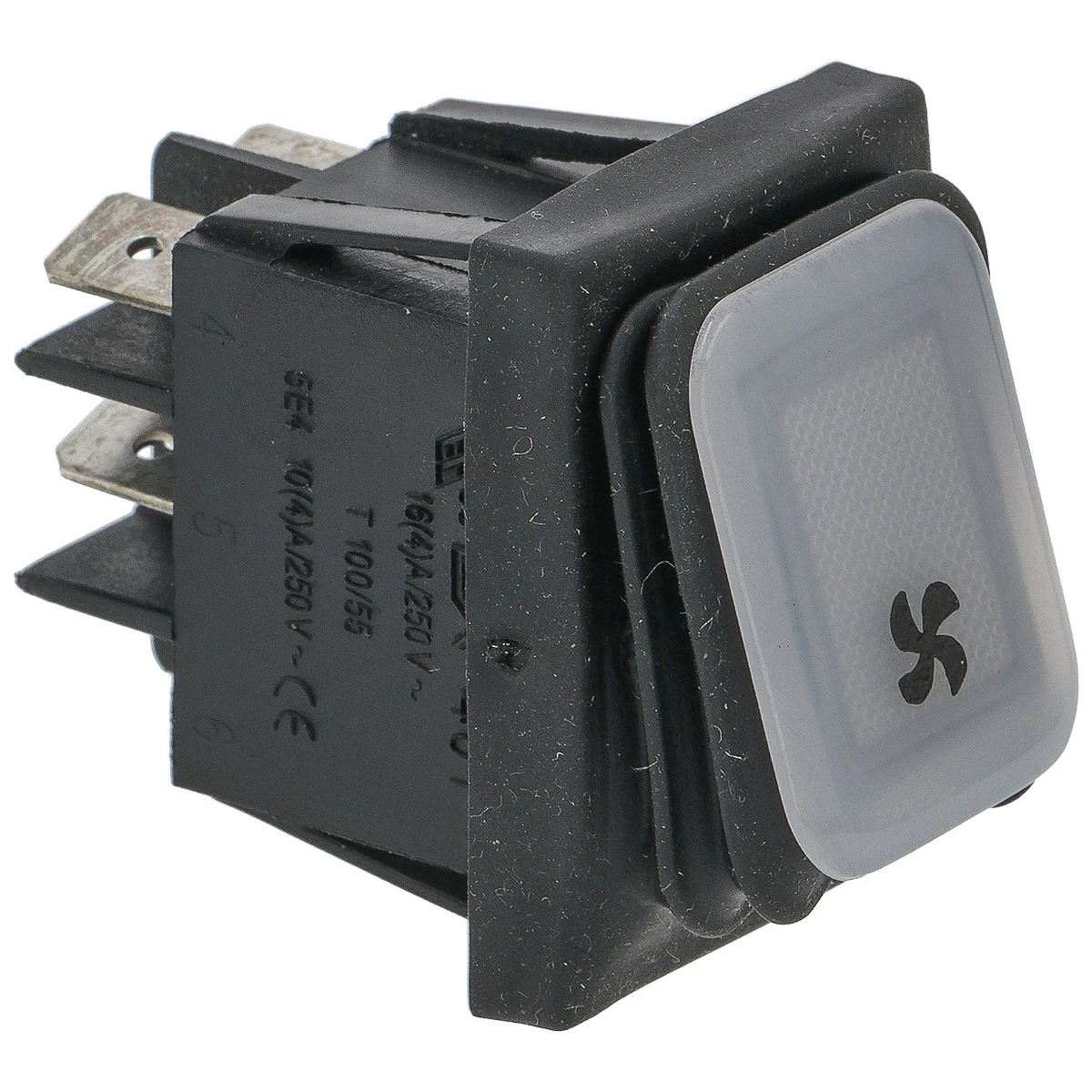 2-polet trykknap hvid 16A 250V med kontrollampe, mærket blæser, indbygningshul 22x30 mm set forfra
