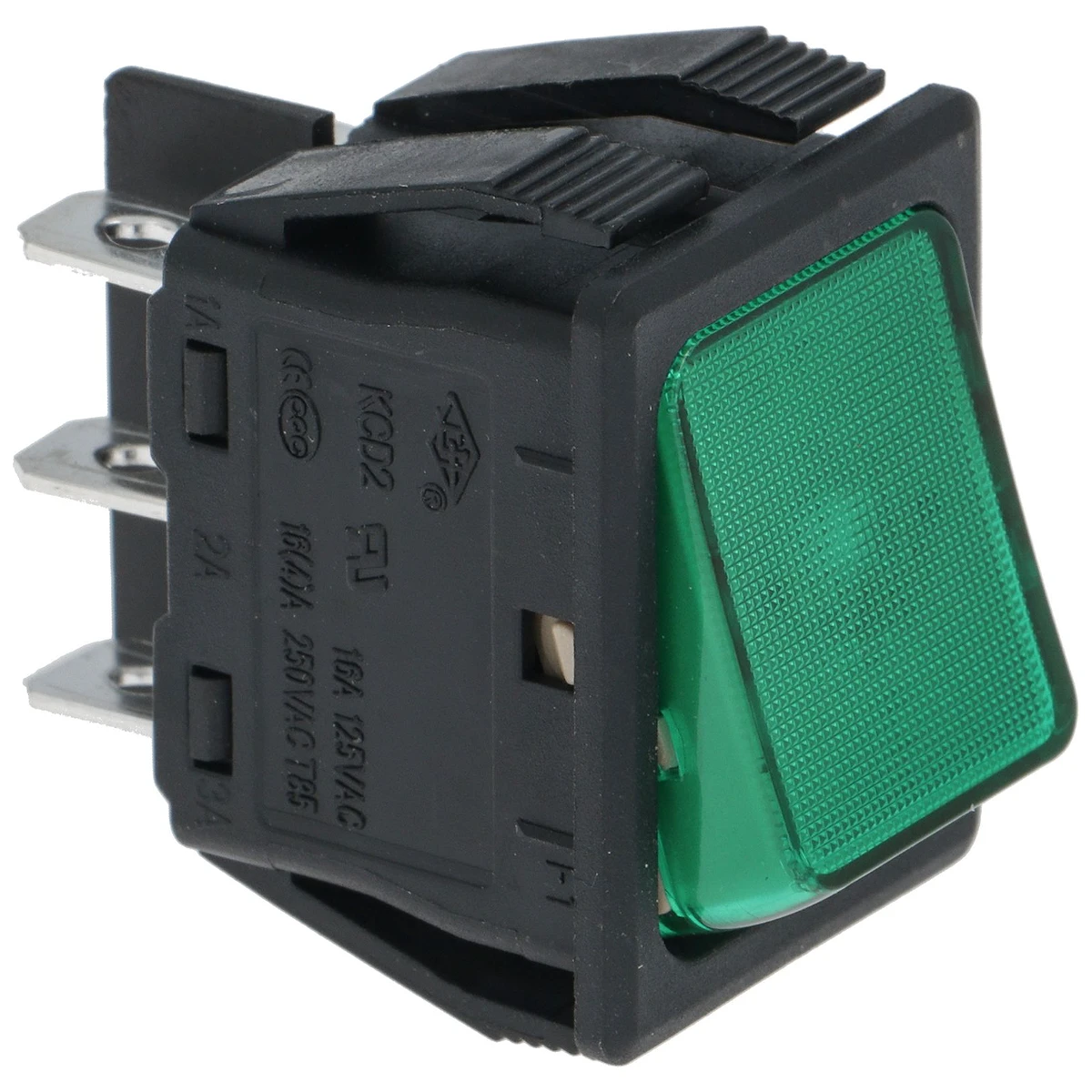 2-polet trykknap grøn 16A 250V med kontrollampe, indbygningshul 22x30 mm set forfra
