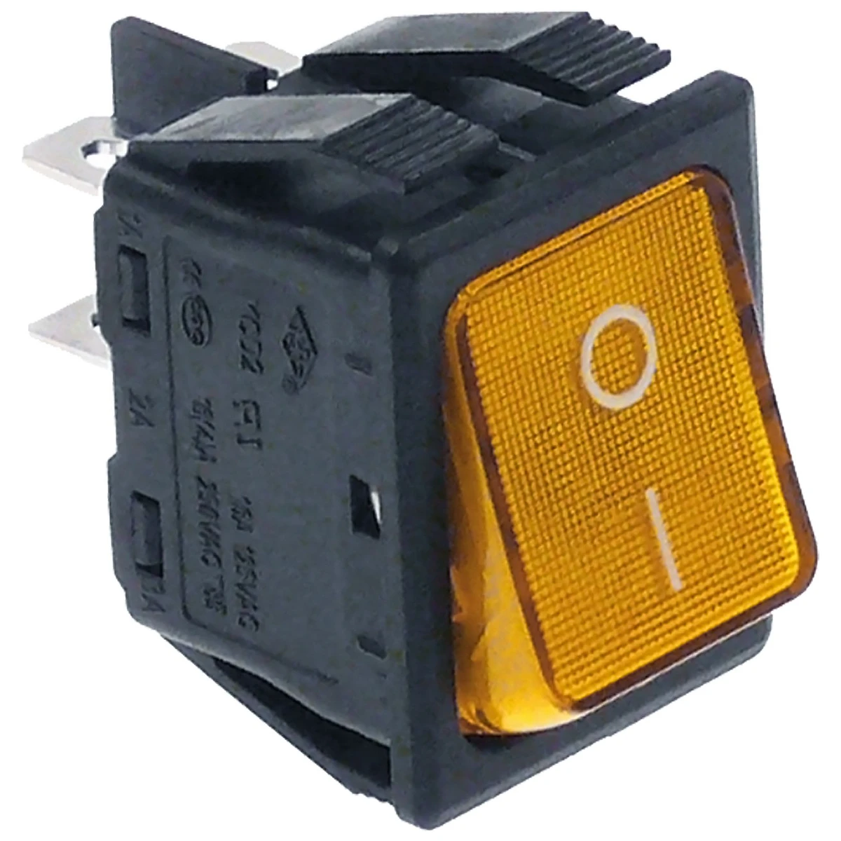 2-polet trykknap orange 16A 250V med kontrollampe, mærket O - I, indbygningshul 22x30 mm set forfra