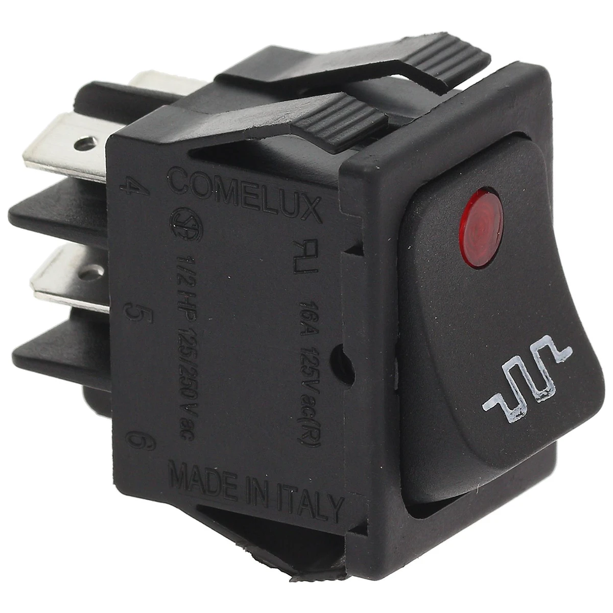 2-polet vippekontakt sort 16A 250V med rød LED-lampe, mærket varmelegeme, hul 22x30 mm set forfra