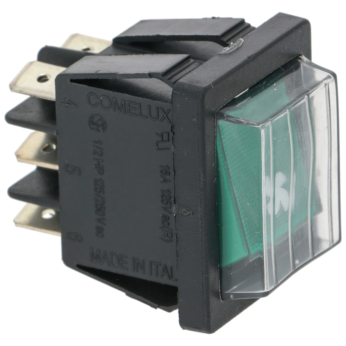 2-polet vippekontakt grøn 16A 250V med kontrollampe, mærket blæser, hul 22x30 mm set forfra