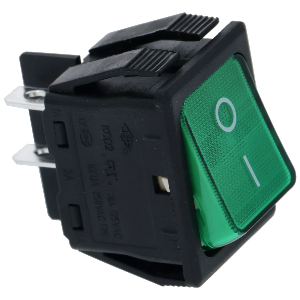 2-polet vippekontakt grøn 16A 2500V med kontrollampe, mærket 0 - I, hul 22x30 mm set forfra