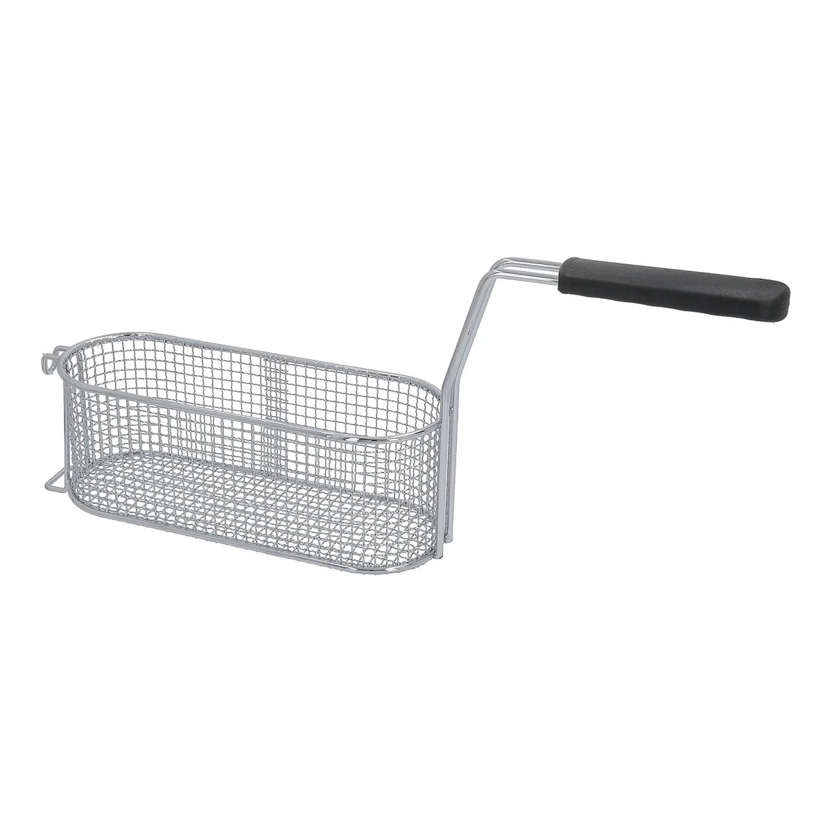 Forkromet friturekurv 100 x 280 x 100 mm med sort håndtag, set fra siden