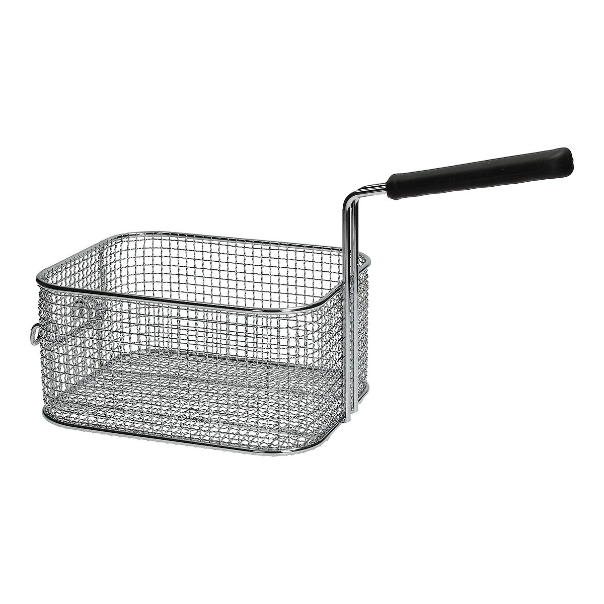Forkromet friturekurv 200 x 230 x 110 mm med sort håndtag, set fra siden