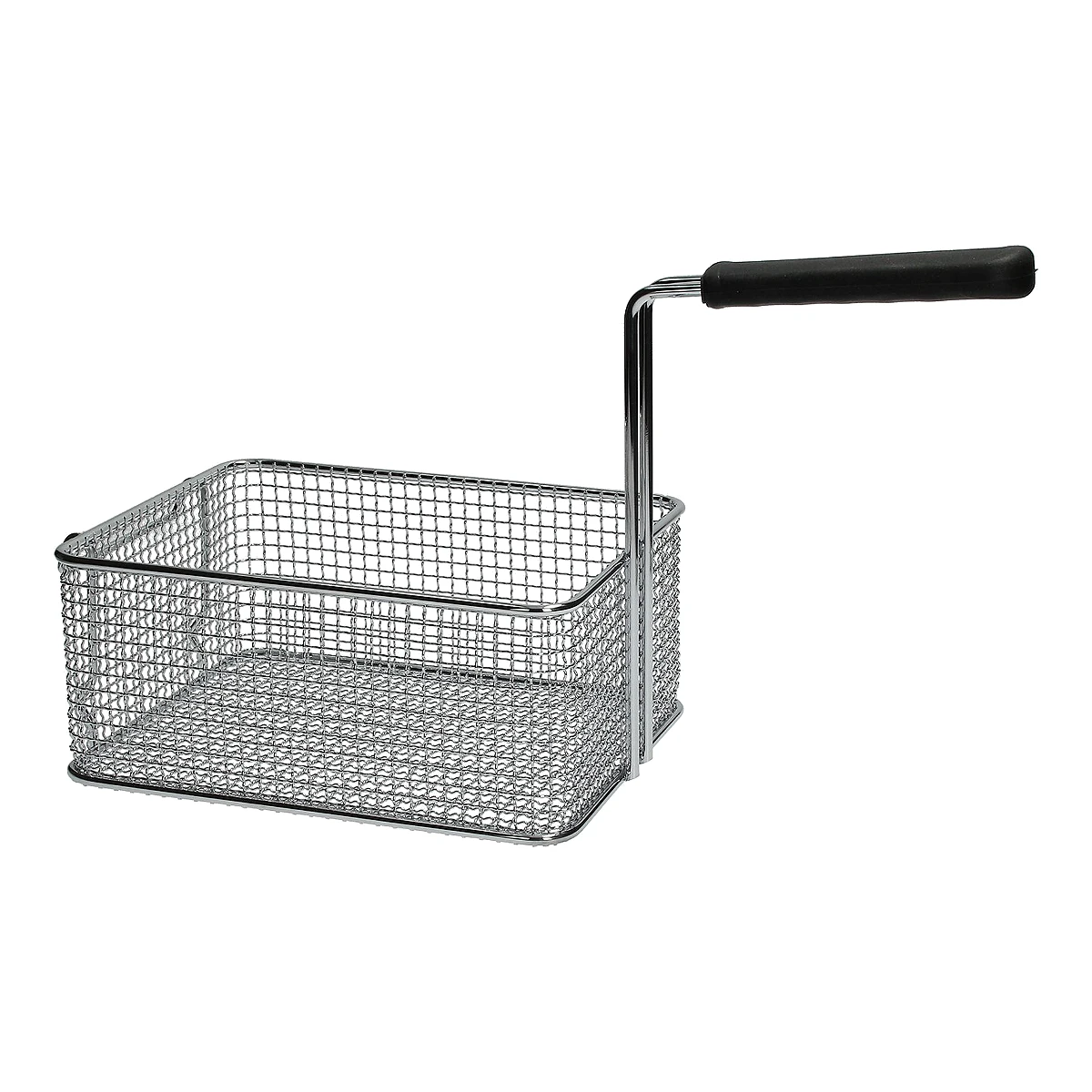 Forkromet friturekurv 200 x 235 x 100 mm med sort håndtag, set fra siden