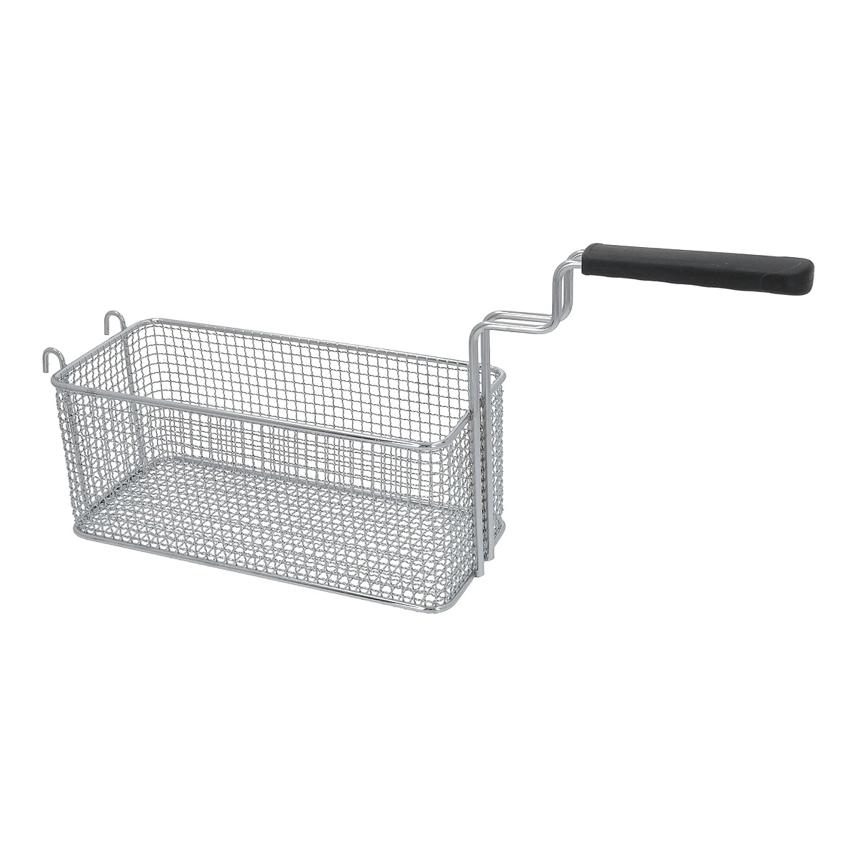 Forkromet friturekurv 135 x 290 x 120 mm med sort håndtag, set fra siden