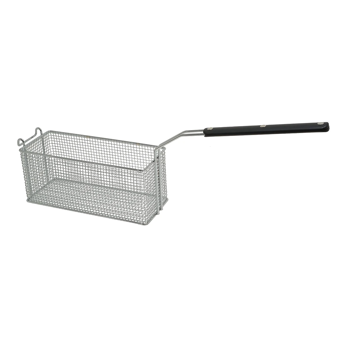 Forkromet friturekurv 140 x 330 x 140 mm med sort håndtag, set fra siden