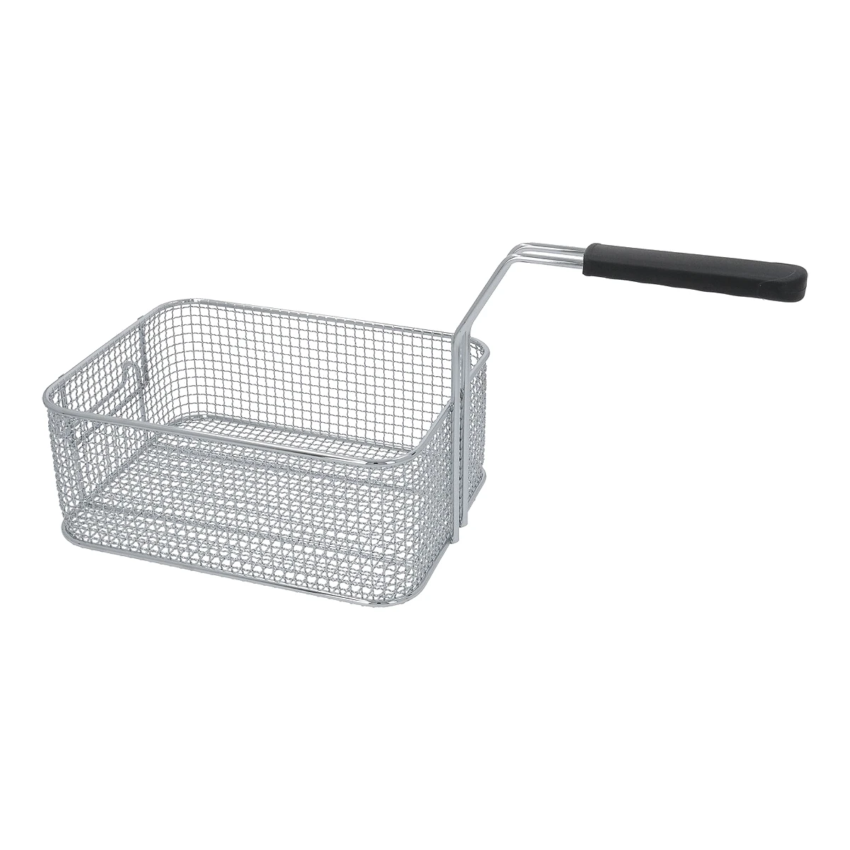 Forkromet friturekurv 210 x 265 x 110 mm med sort håndtag, set fra siden