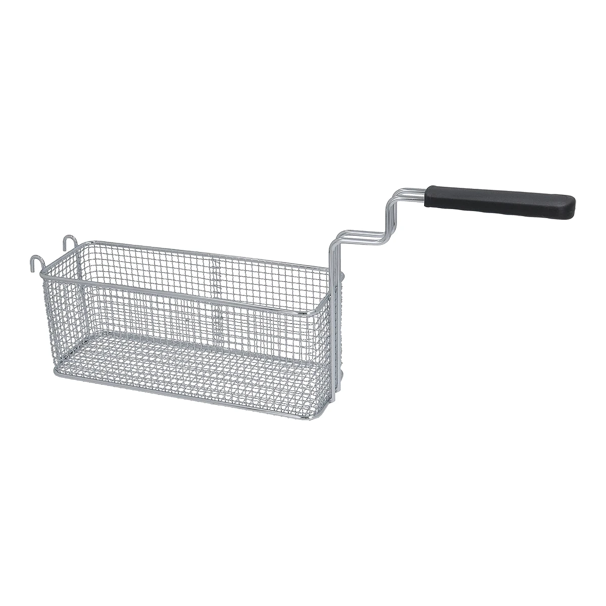 Forkromet friturekurv 110 x 300 x 120 mm med sort håndtag, set fra siden