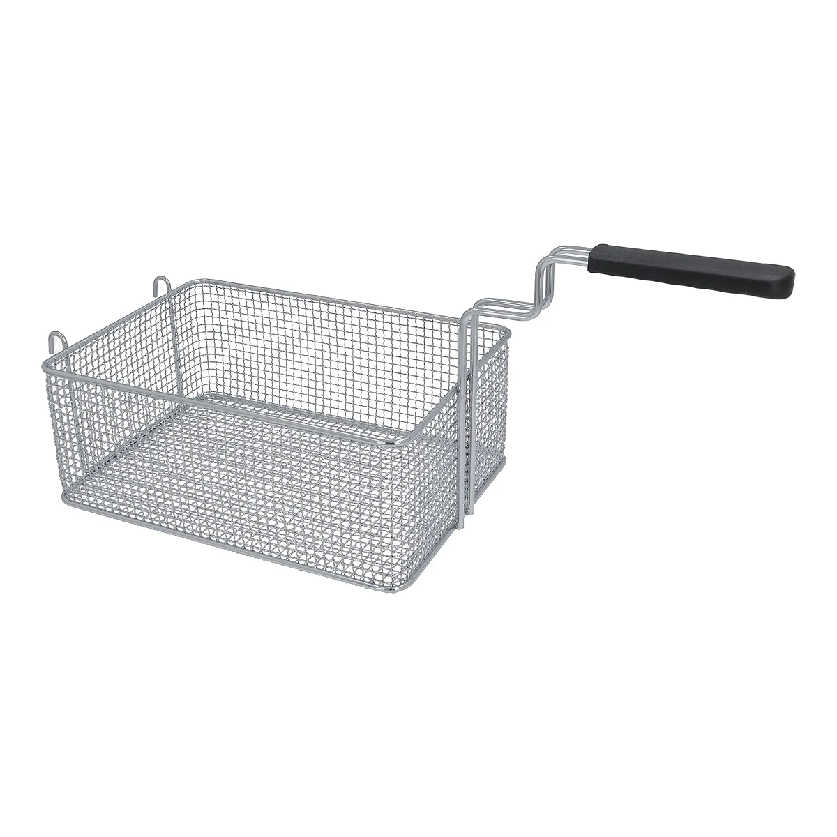 Forkromet friturekurv 230 x 310 x 120 mm med sort håndtag, set fra siden