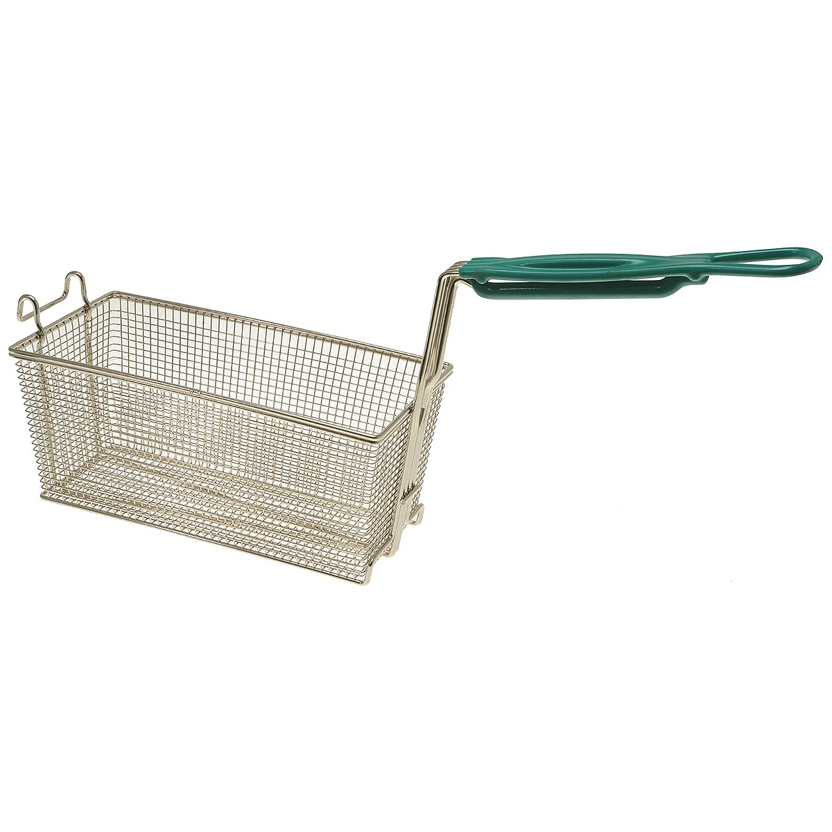 Forkromet friturekurv 165 x 340 x 145 mm med grønt greb, set skråt forfra