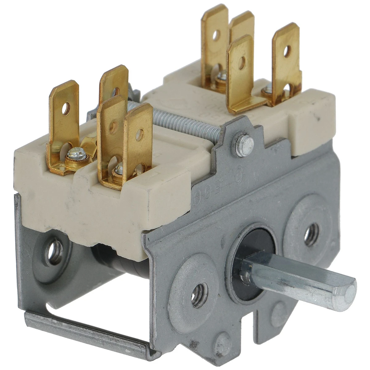 Topolet omskifter 0-1 16A 250V med fladstik, set skråt forfra