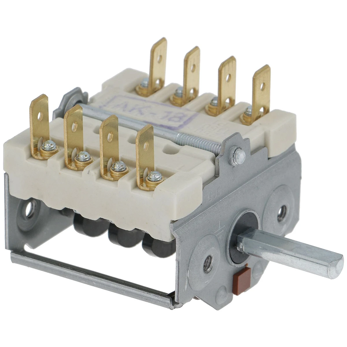 Omskifter 0-1 0-1 16A 250V med messingfladstik, set skråt forfra