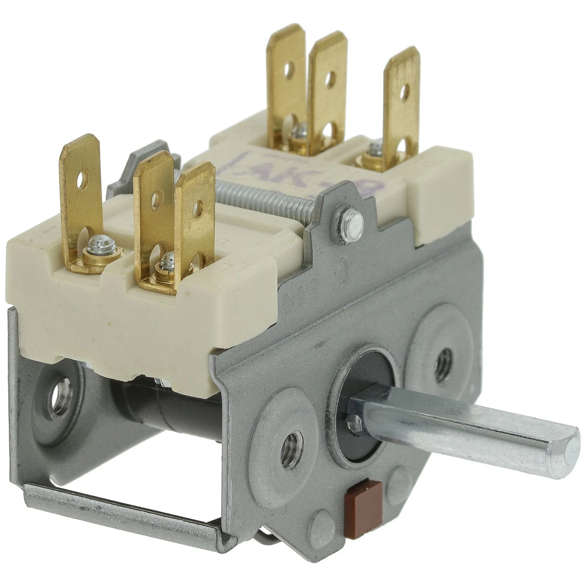 Topolet omskifter 0-1 16A 250V med fladstik, set skråt forfra