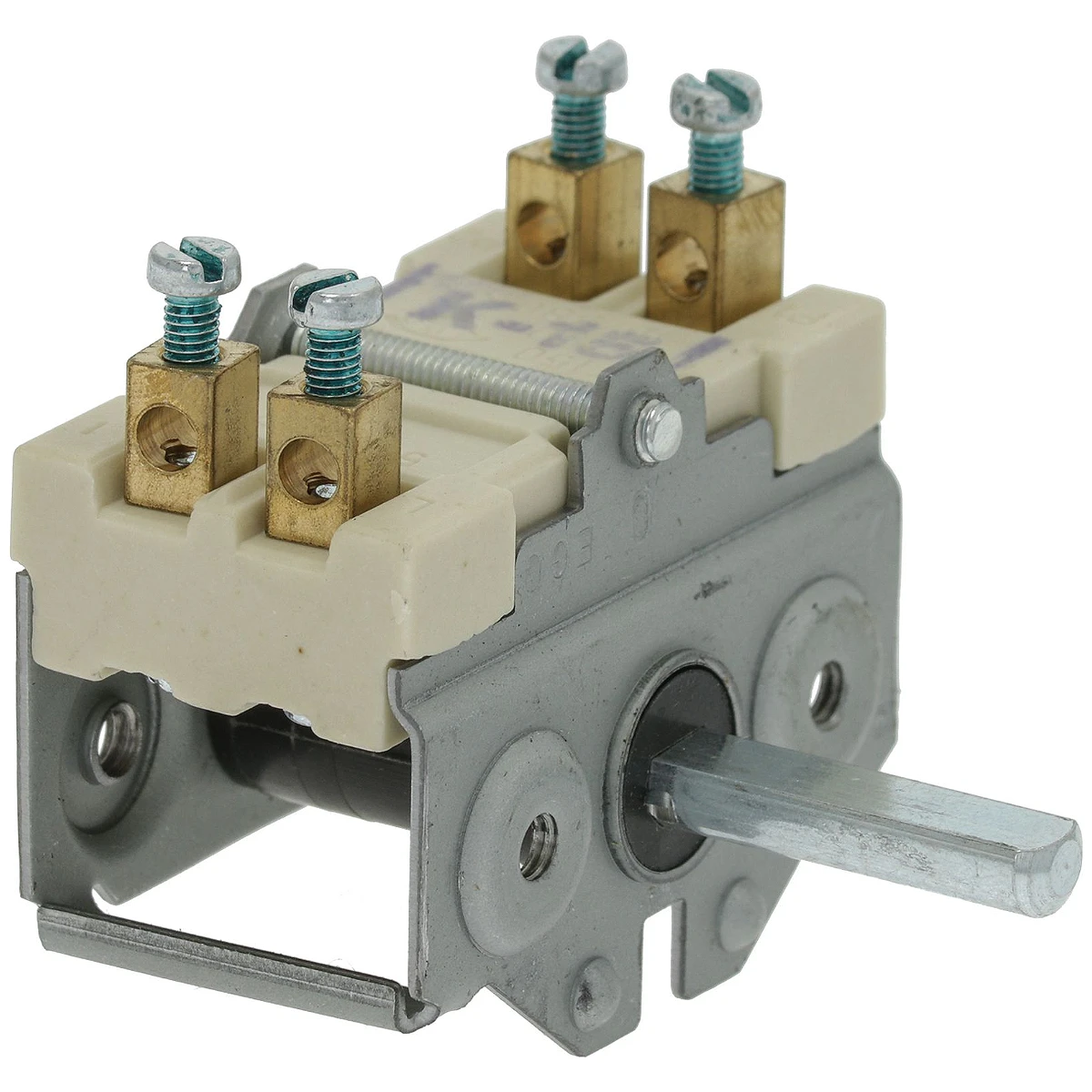 Topolet omskifter 0-1 16A 250V med skrueklemmer, set skråt forfra