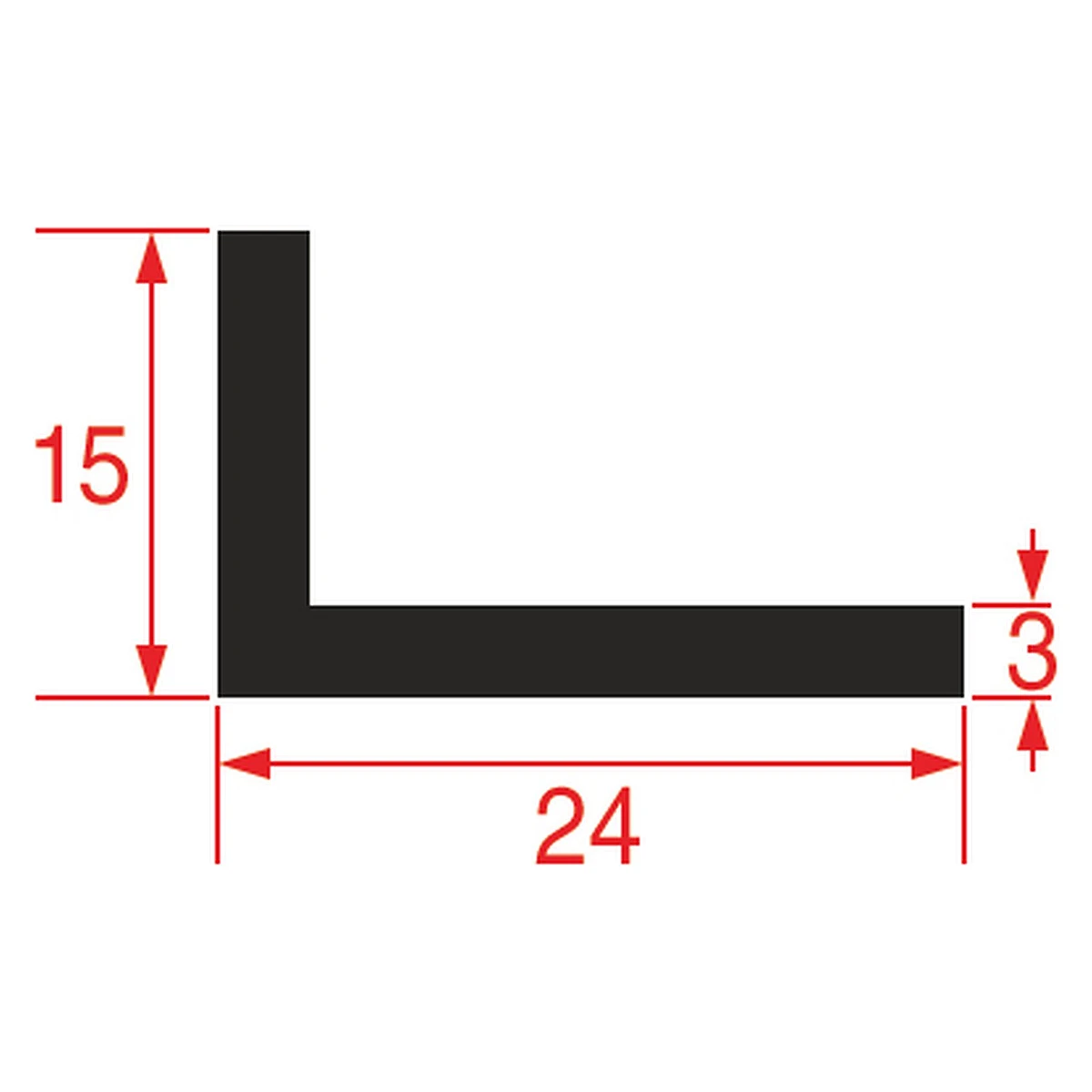 Måltegning af grå L-formet tætningsliste 15 x 24 x 3 mm