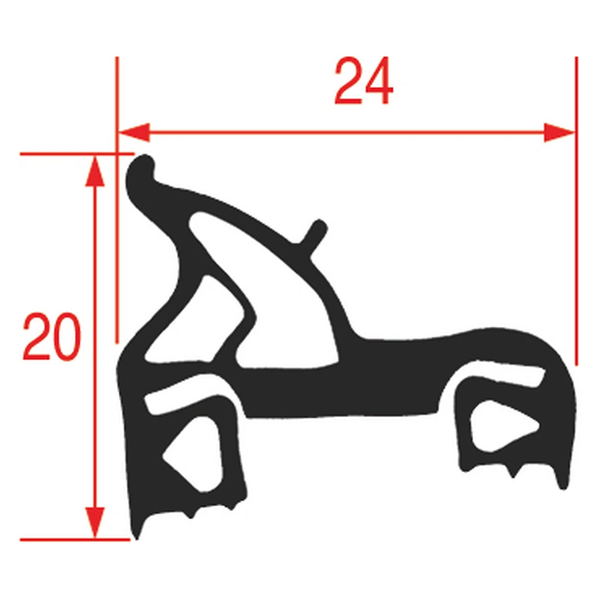Måltegning af sort silikonepakning med profil 24 x 20 mm