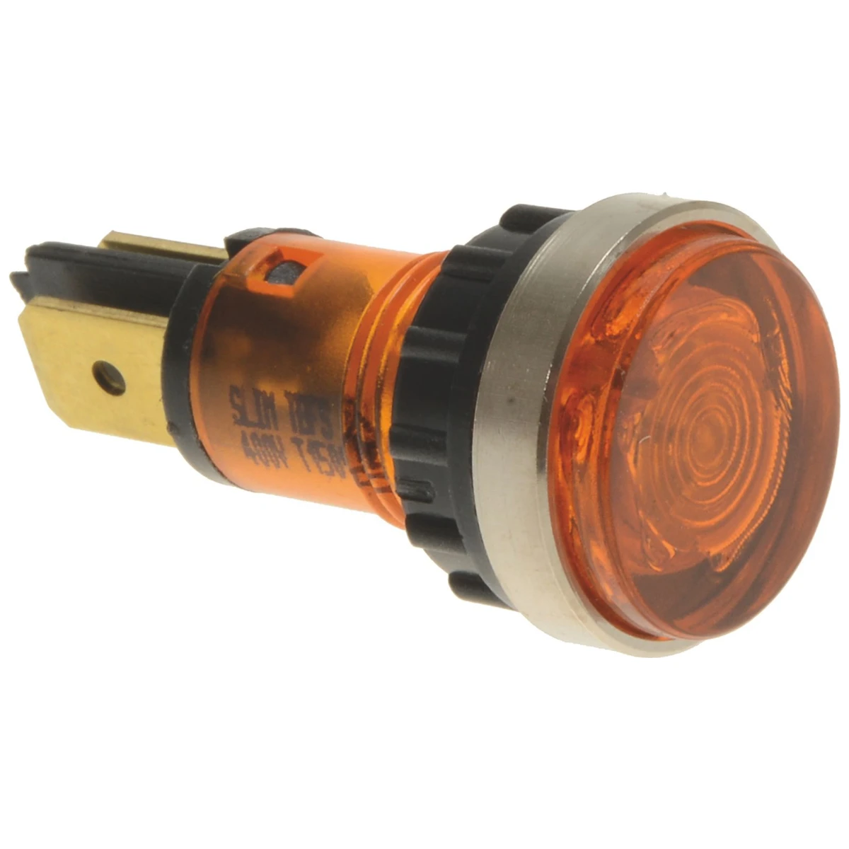 Orange kontrollampe 400 V med 18 mm linse og kromring