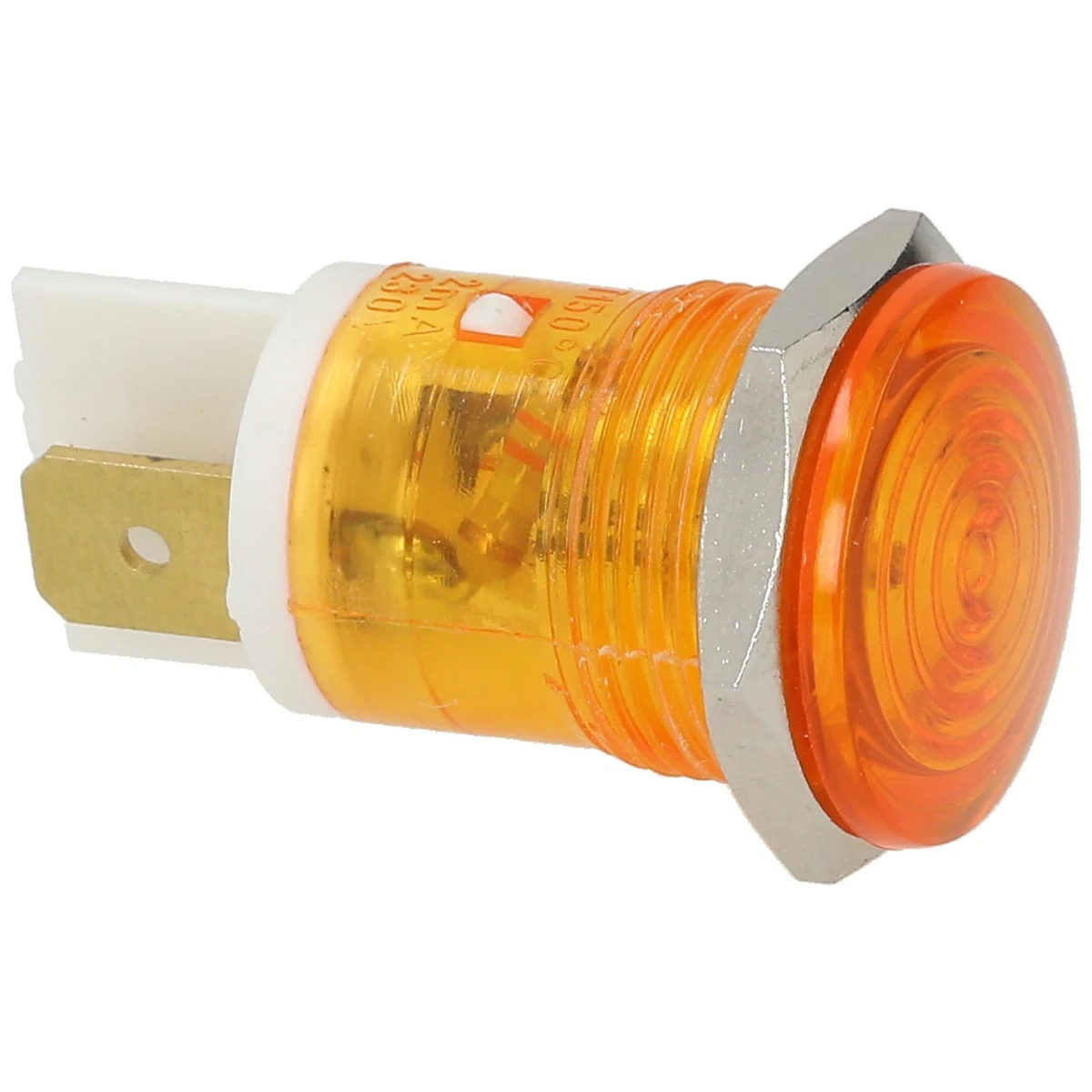 Orange kontrollampe 400 V med stor 19 mm linse og kromring